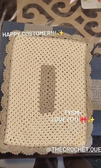 A customer's ivory crochet table runner with a taupe border